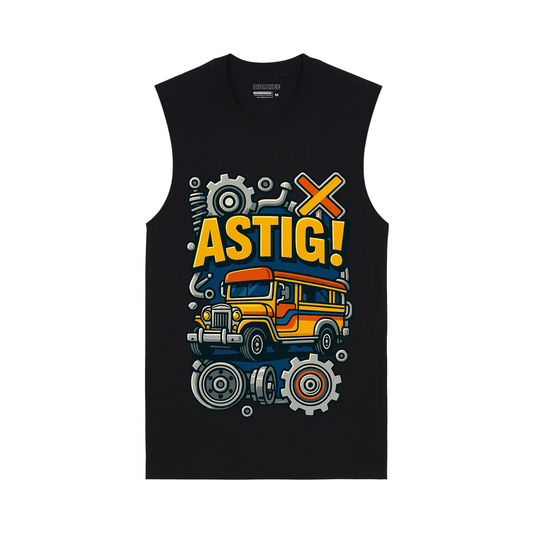 Didachee ASTIG Filipino jeepney graphic muscle tee in black – version 1 with yellow jeep design and mechanical elements