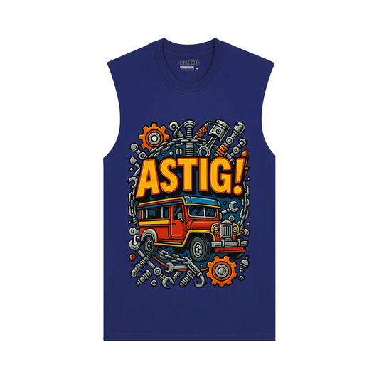 Didachee ASTIG Filipino slang jeepney shirt in blue – version 2 with red jeepney surrounded by mechanical parts.
