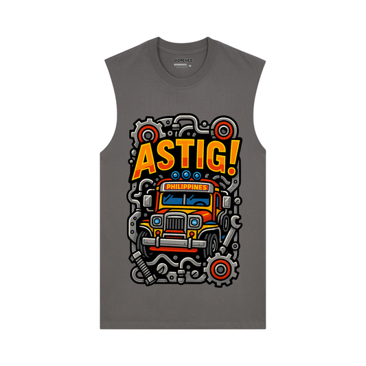 Didachee ASTIG! Pilipinas muscle tee in gray featuring Filipino jeepney and engine-themed artwork