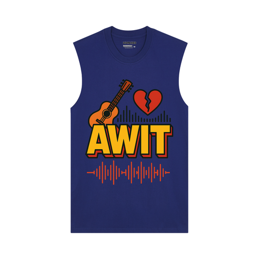 Didachee AWIT muscle tee in navy blue featuring bold guitar, broken heart, and sound wave design