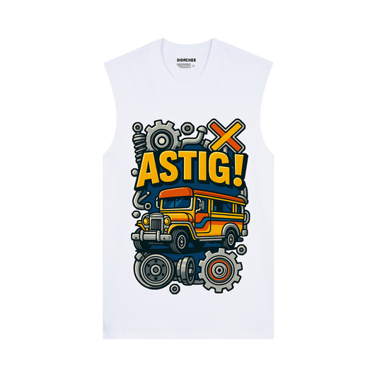Didachee ASTIG Filipino jeepney graphic muscle tee in white – version 1 with bold yellow jeep and gear illustration