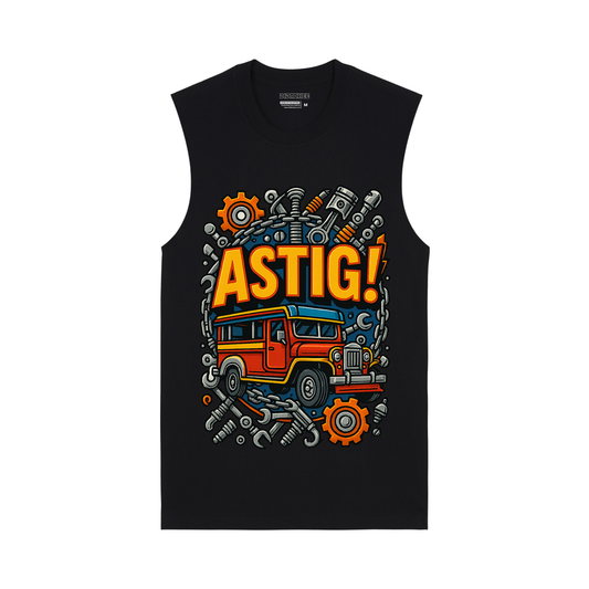 Didachee ASTIG graphic muscle tee in black – version 2 with red Filipino jeepney and detailed wrench-and-gear pattern.