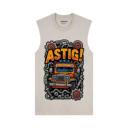 Didachee ASTIG! jeepney Pilipinas graphic muscle tee in oats color with vibrant gears and pipes