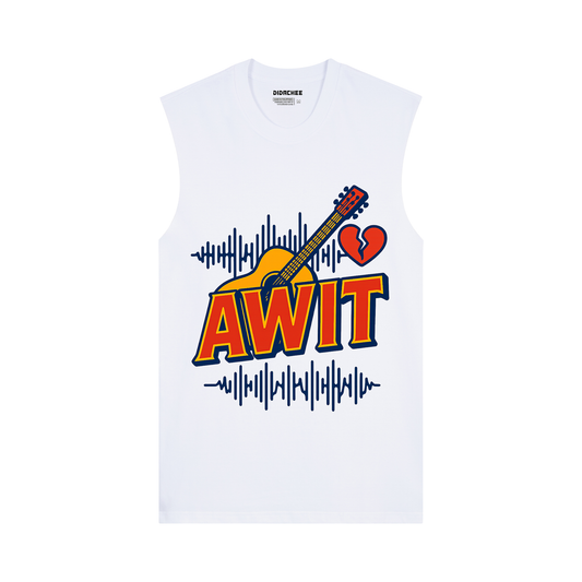 Didachee AWIT Filipino heartbreak slang muscle tee in white with guitar and audio wave illustration