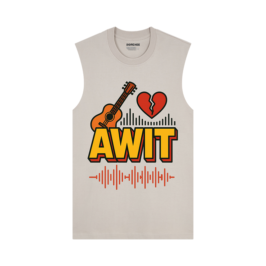 Didachee AWIT graphic muscle tee in oats with guitar and heartbreak sound wave design in yellow and red